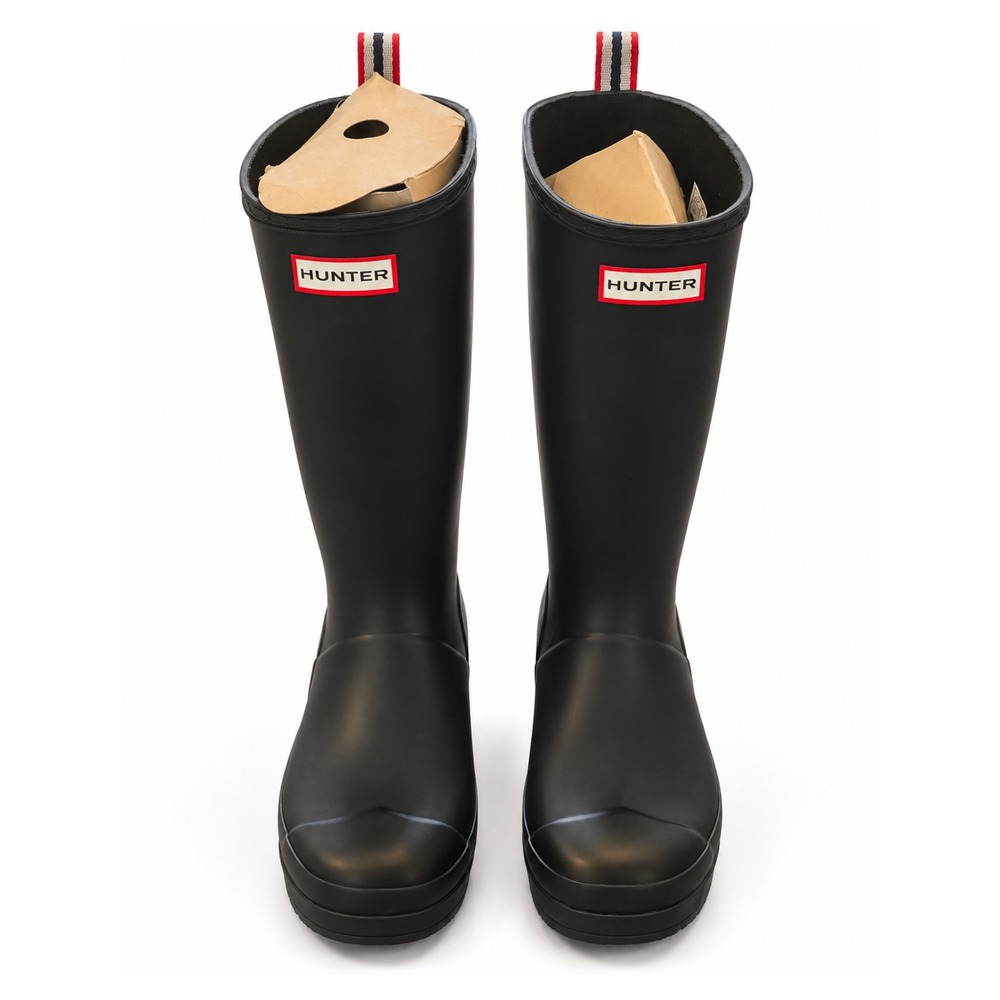 New Hunter Womens Black Tall Rubber Rain Boots US 9 UK 7 Striped Pull Tabs